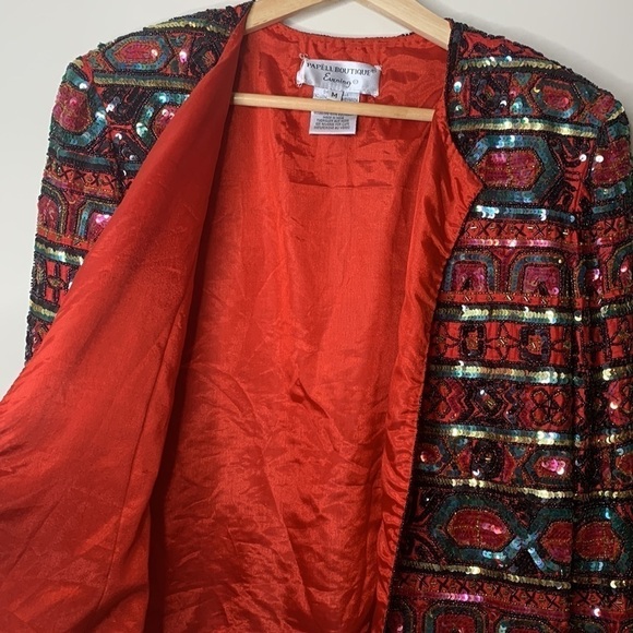 Papell Boutique || Vintage Heavily Beaded Sequin Silk Open Front Top Jacket M - Picture 5 of 17